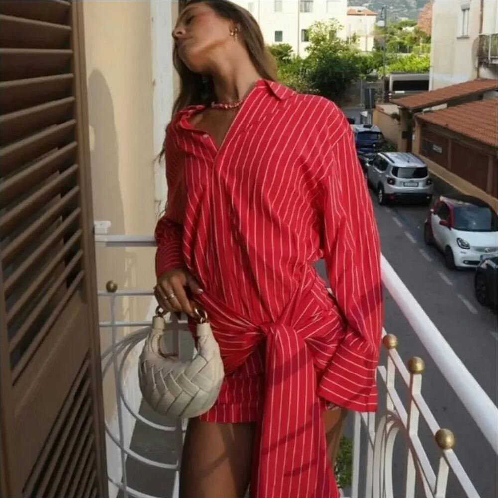 Bardot Malira Mini Shirt Dress US 2 Red White Striped Tie Front Preppy Vacation